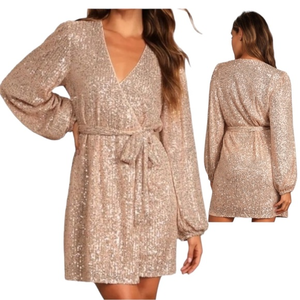 EUC In Loom Gold‎ Sequin Wrap Mini Dress
